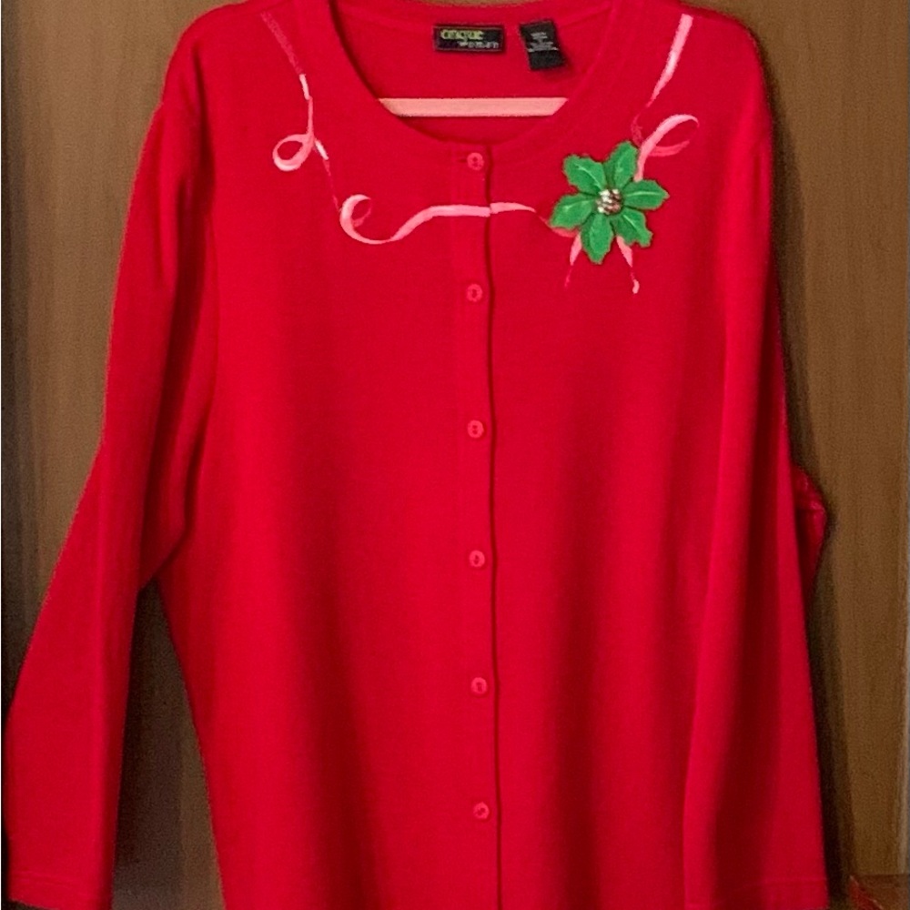 Onque Woman Red Cardigan with Green Floral Detail